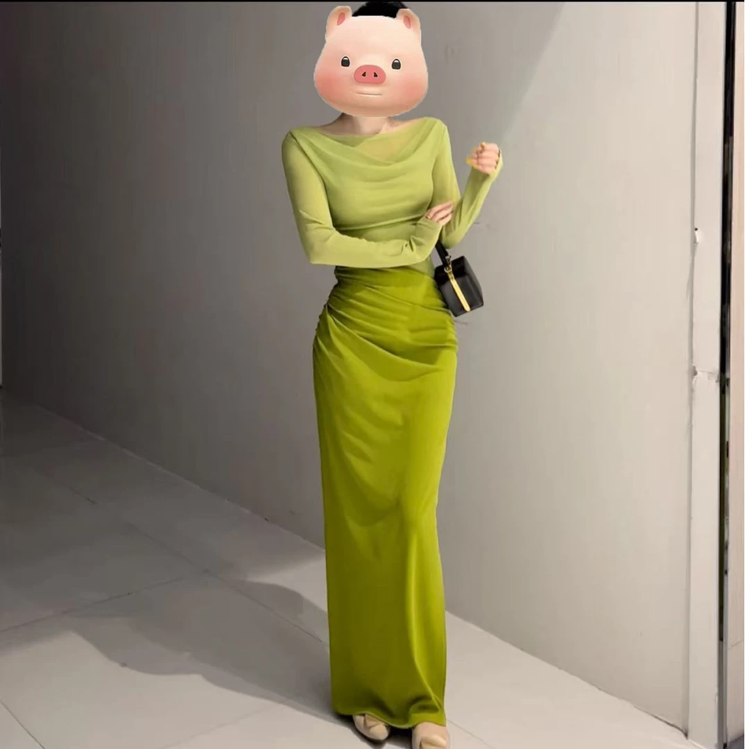 法式温柔风绿色荡领长袖连衣裙女夏季新款收腰显瘦开叉包臀短裙子