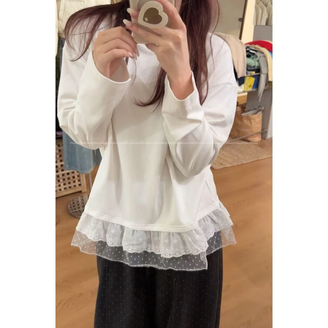 【mooi】'蕾丝舞曲'秋冬新款韩版ins风小众设计感加绒长袖T恤