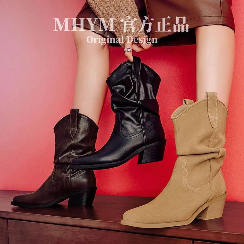 孟子义同款巴恩风骑士靴美拉德高跟尖头中筒真皮显瘦赵露思堆堆靴