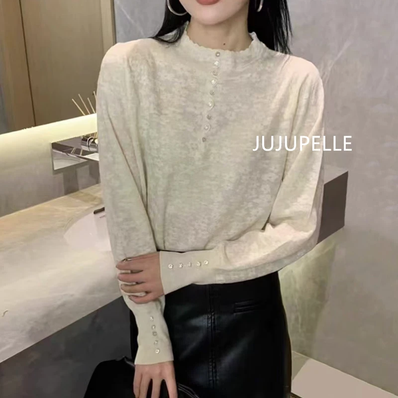 绵羊毛气质款圆领钩花打底衫2024款洋气时尚毛衣女宽松套头针织衫