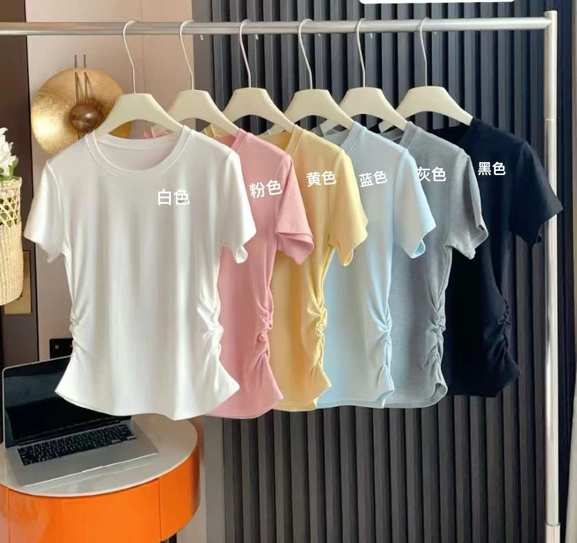 9962号纯色圆领百搭褶皱显瘦短袖上衣T（预）