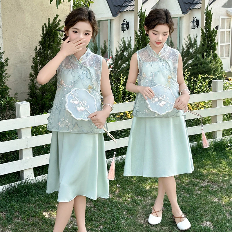 夏季女童新中式连衣裙套装时尚气质出游中国风民族风复古中大童ol