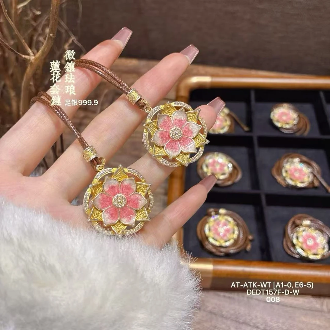 吊坠足银 气质长款毛衣链足银999.9珐琅描金莲花套链国潮银项链女