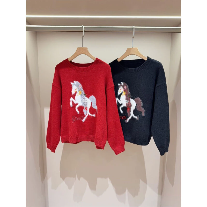 马年限定款！立体提花刺绣宽松毛衣新年红针织衫女