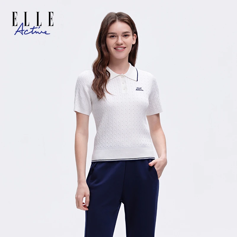 ELLE Active绞花肌理感针织衫女夏季短袖翻领休闲粉色polo领上衣