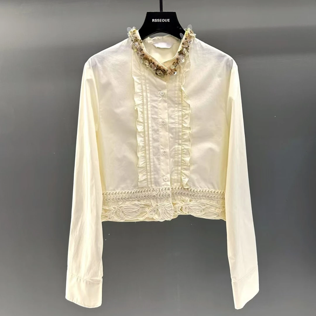 2025早秋高级感时尚衬衣重工领口钉珠亮片绝美长袖衬衫C9498