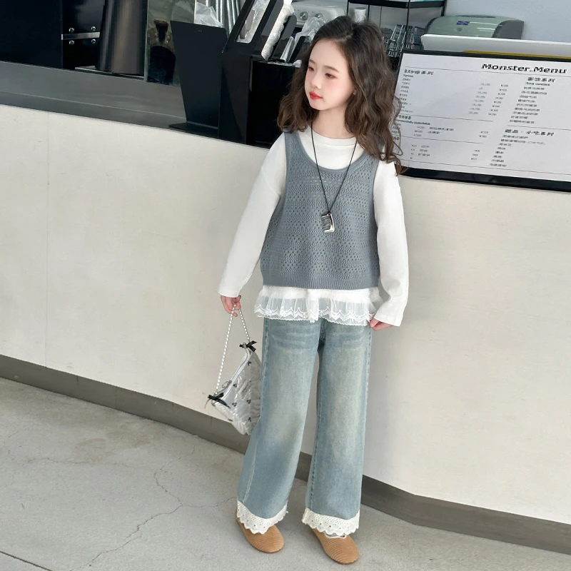 女童春季套装2025新款洋气时尚针织马甲三件套6-12岁中大童衣服潮