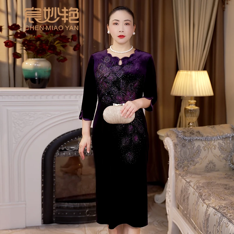 复古国风气质丝绒连衣裙修身显瘦优雅小个子妈妈装婚宴改良旗袍裙