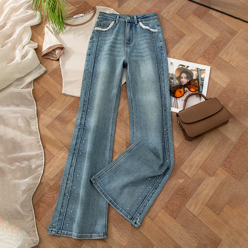 轻奢风烫钻微宽松直筒裤女春季新款百搭显瘦时尚遮肉喇叭裤拖地裤