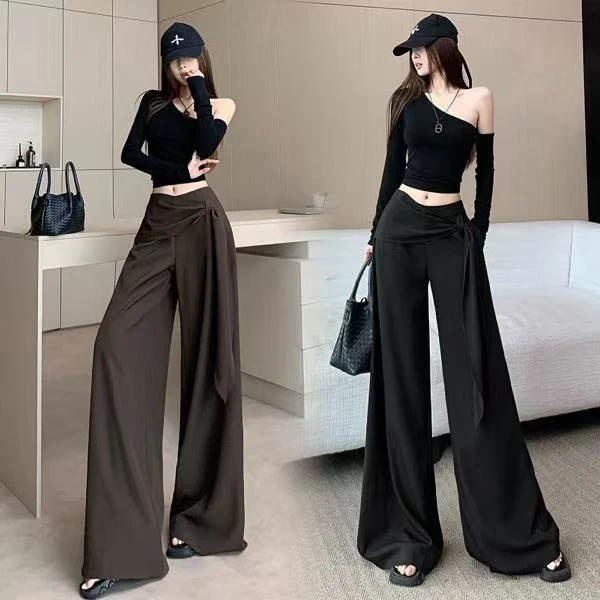 松弛感宽松遮胯咖色阔腿裤2025秋季新款高腰系带显瘦休闲百搭长裤