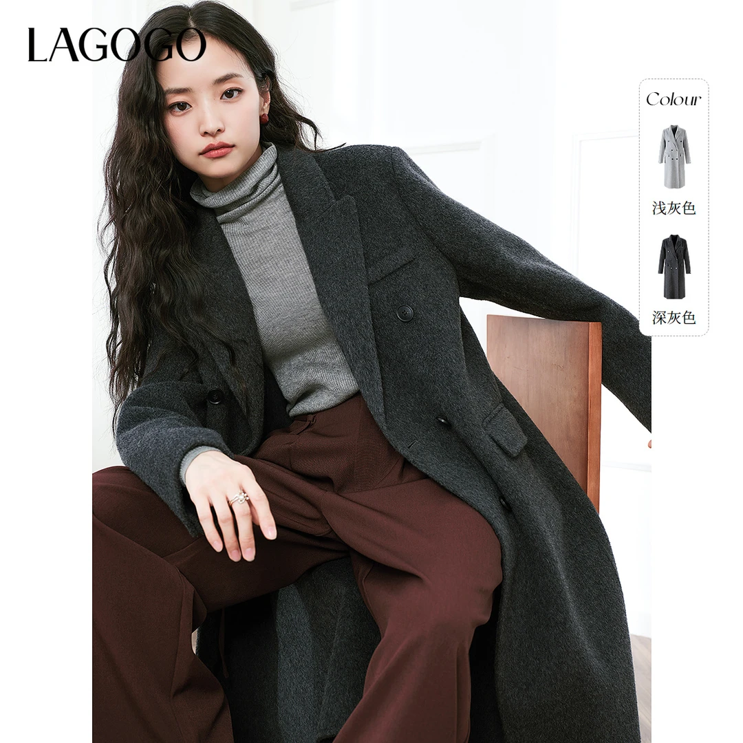 【100%羊毛】LAGOGO毛呢西服领大衣女2024冬新灰色外套NCDD339G11
