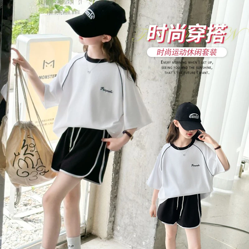 儿童女童运动休闲套装夏季薄款棉T夏装韩版宽松短袖裤子中大童时