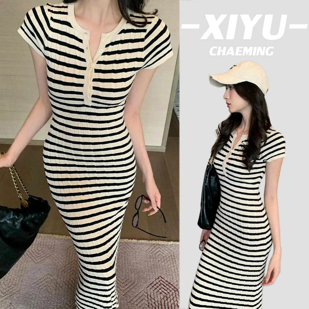小众修身显瘦气质高腰拼接条纹连衣裙女夏季休闲百搭长裙包臀裙