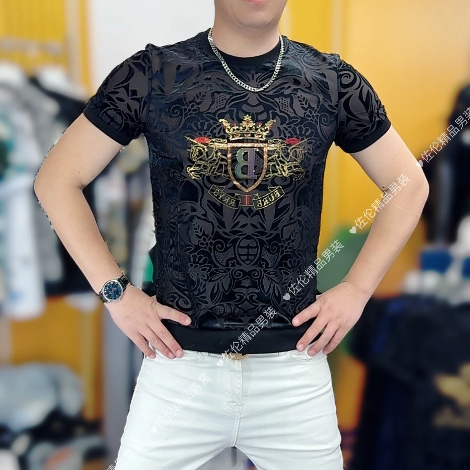 2024夏季新款时尚潮流男士冰丝修身亮片体恤6Y116上衣