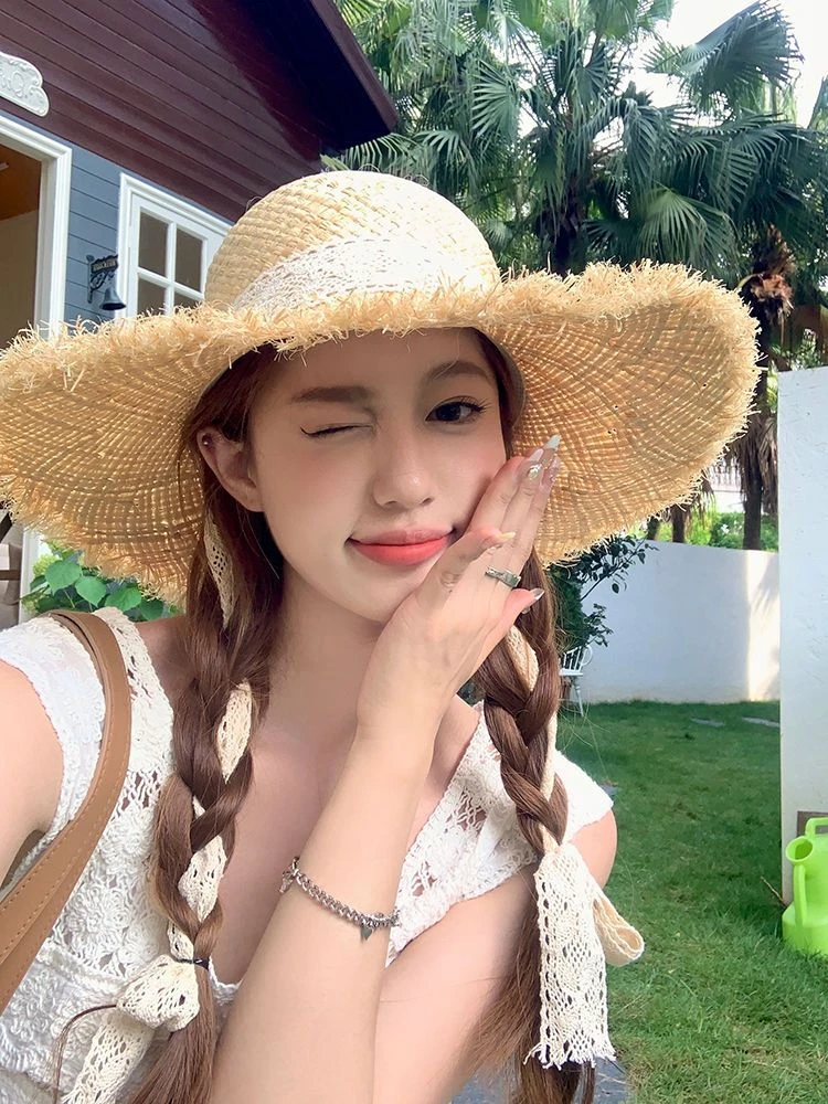 小清新绑带拉菲草帽女夏天大帽檐海边遮阳帽夏防晒海滩度假沙滩帽