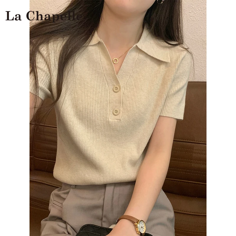 拉夏贝尔polo领针织衫女夏季2025年新款纽扣韩系短款打底短袖上衣