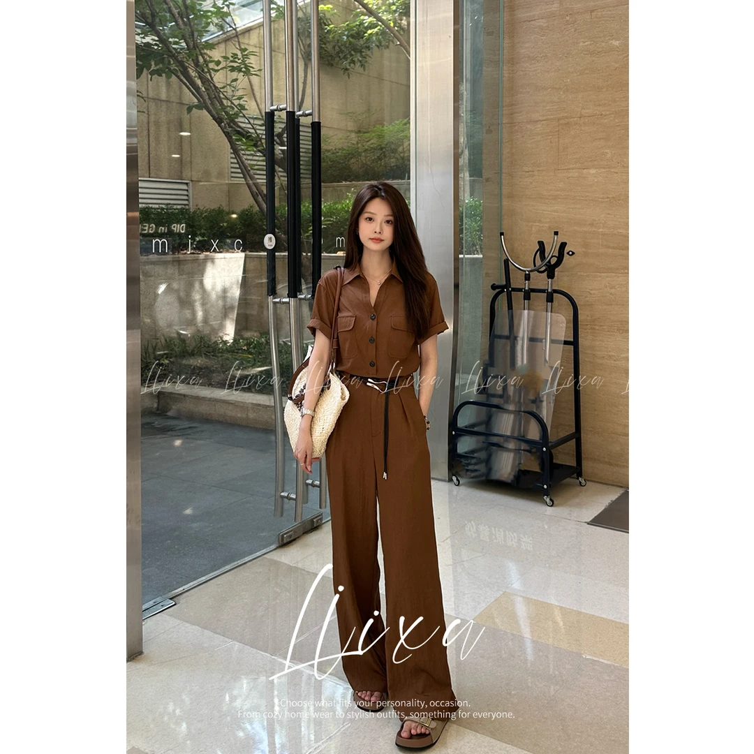 【雨薇】夏季气质时尚高腰休闲复古短袖上衣阔腿裤三件套L52TZ368