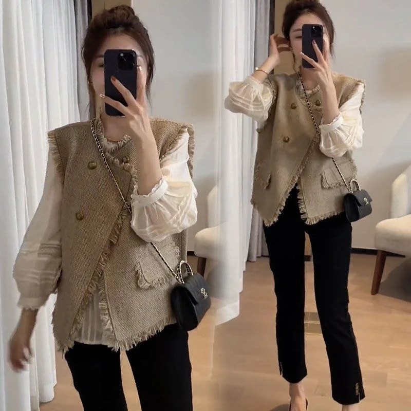 小香风气质衬衫时尚外套套装女2025春秋季新款显瘦毛边马甲两件套