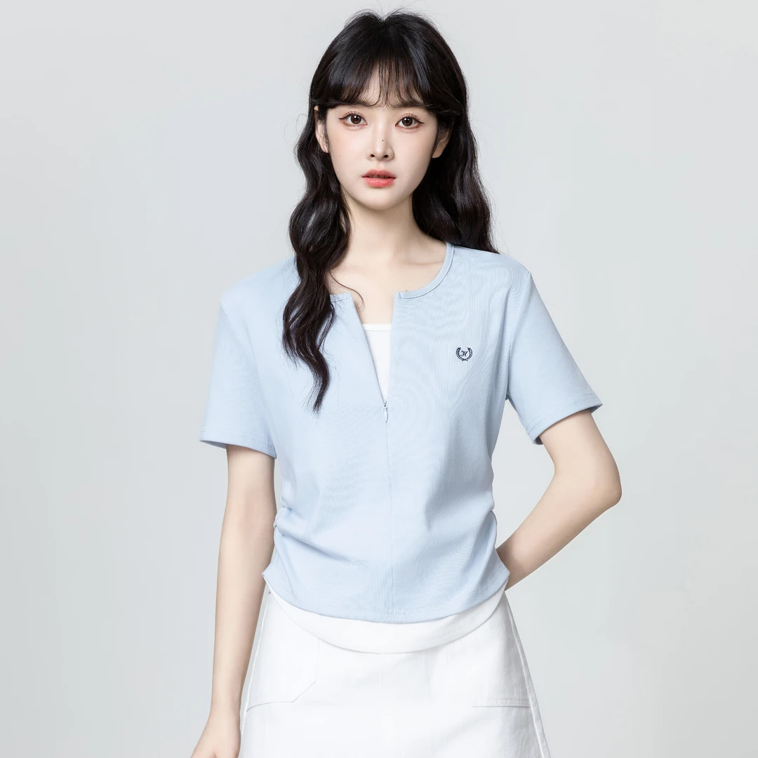 蓝色假两件短袖T恤女夏2025夏季新款不规则撞色拼接V领体恤短上衣