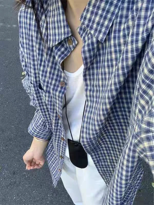 韩系蓝色格子衬衫外套女早秋新款宽松休 闲衬衣气质百搭上衣