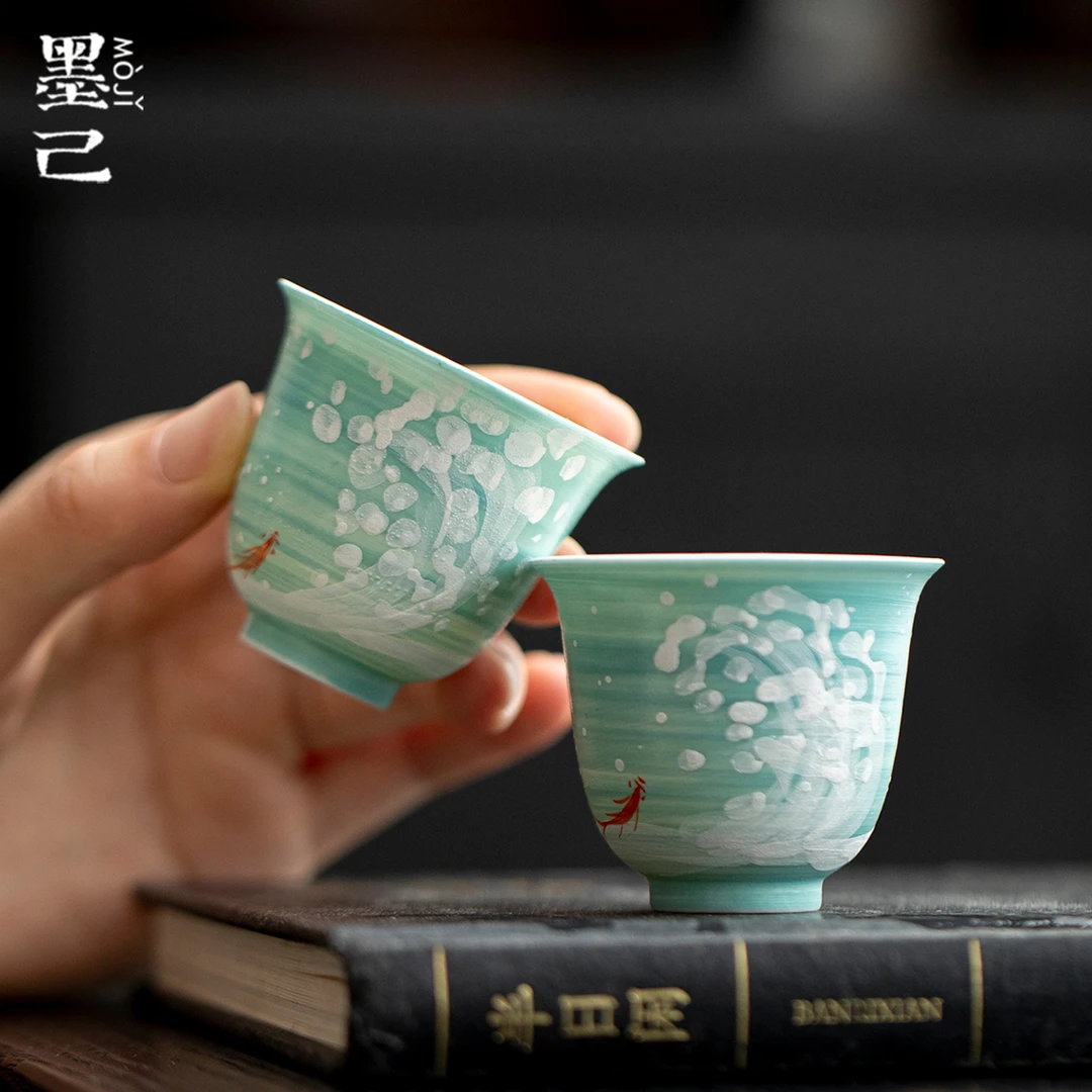 墨己粉引手绘浪花鲤鱼陶瓷茶杯小号家用喝茶单杯功夫茶具品茗杯