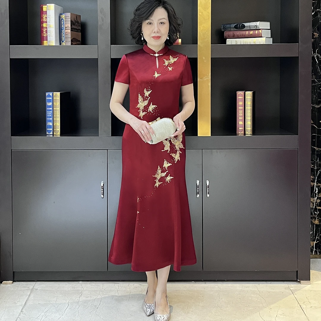YINGDAK/应大酒红色中式改良小鱼尾礼裙气质优雅婚宴连衣裙