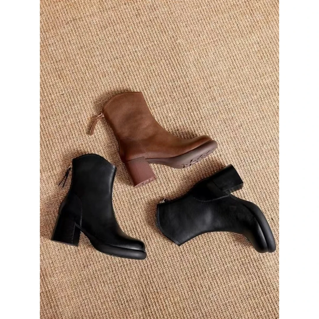 新款真皮高跟马丁靴女秋冬粗跟皮靴保暖短靴厚底中筒靴S5-3670