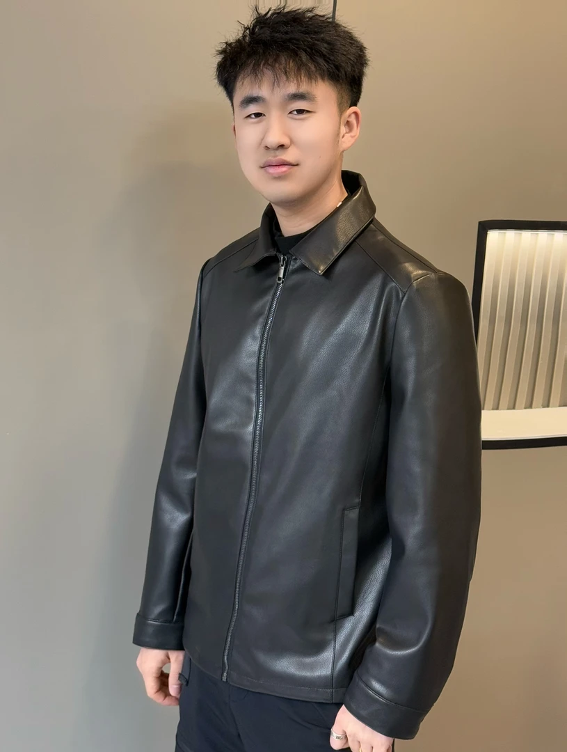<拉链>春季海宁男士经典百搭真皮翻领外套微修身商务休闲皮夹克男