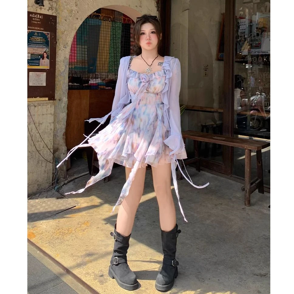 安妮不火【莫奈潋紫】氛围感油画梦幻纯欲设计碎花雪纺裙A251Q0106