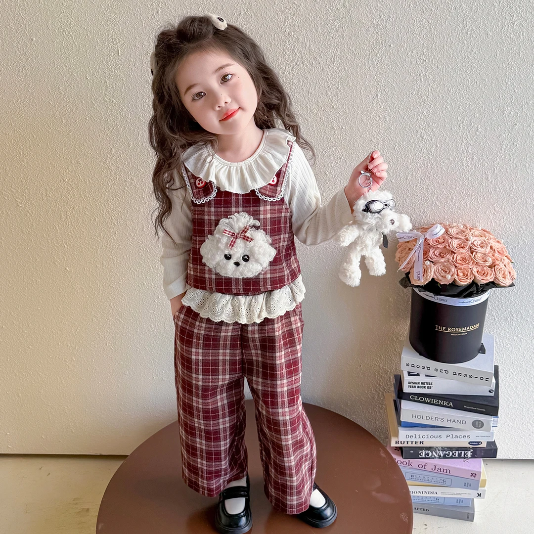 女童秋季2025新款洋气时尚儿童韩版花边T恤小狗格子吊带背心套装