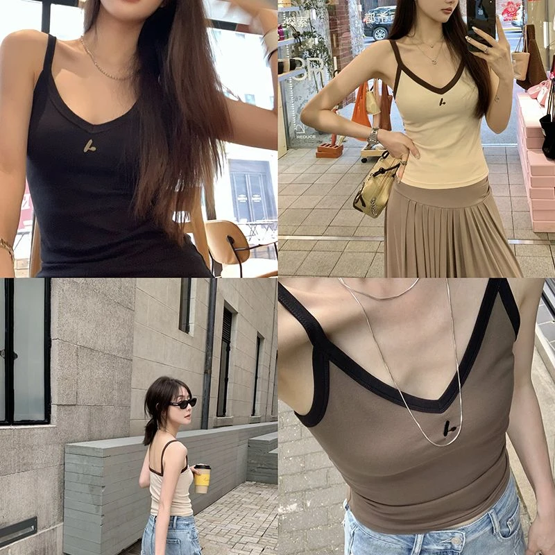 ATTIA GLOWY 复古自由 撞色v领吊带背心女夏外穿无袖修身露背上衣