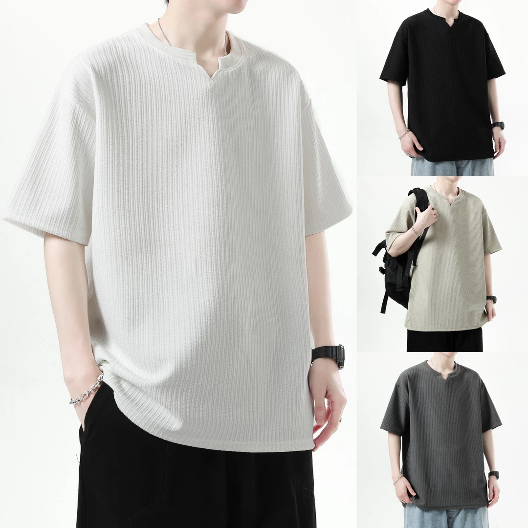 肌理感V领短袖T恤男春夏新款百搭高级感垂感半袖宽松美式休闲上衣