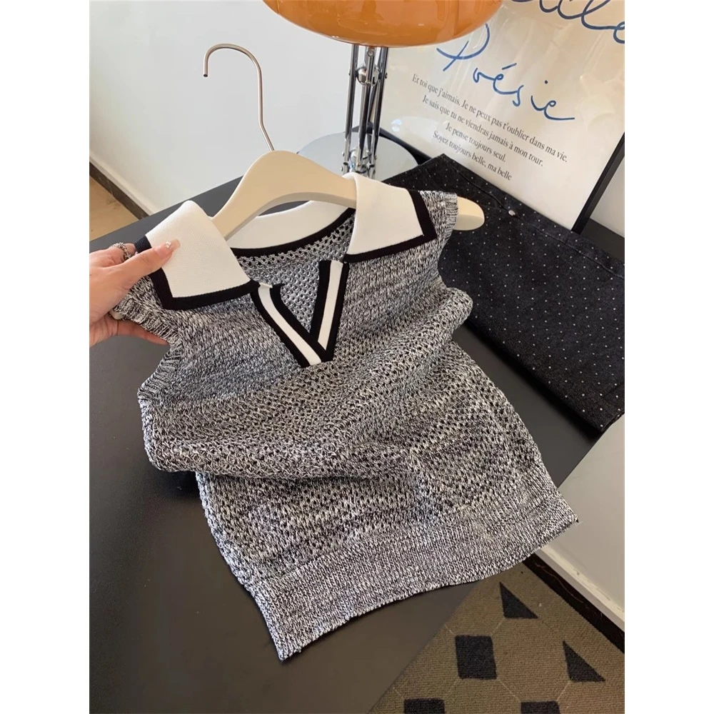 谁穿都好看！复古撞色针织马甲背心女夏季外穿薄款polo领无袖上衣