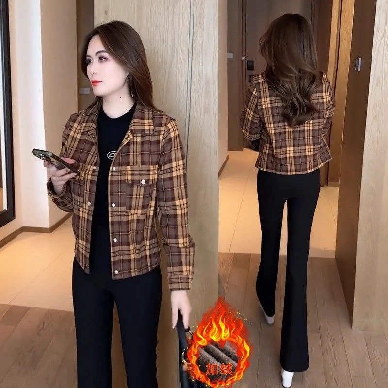 新款小个子春秋冬小香风衬衫外套女休闲加绒加厚格子妈妈上衣保暖