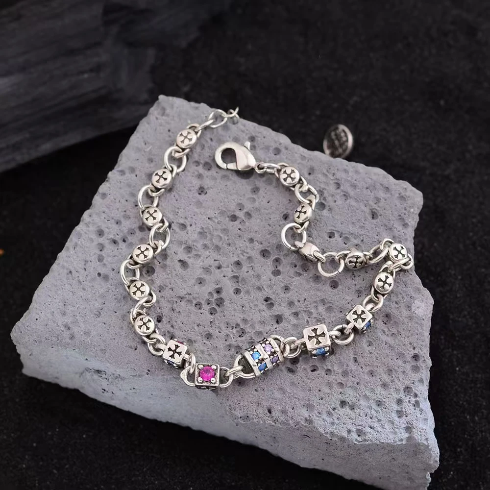 铜合金锆石手链 手链时尚复古彩色重工可调节环环相扣拼接手工