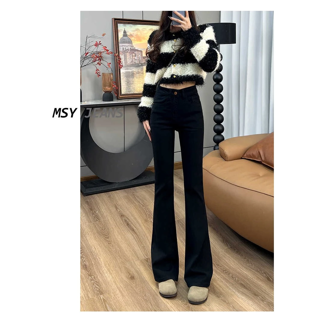 3352-【复合加绒加厚】黑色高腰微喇牛仔裤女新款百搭显瘦喇叭裤