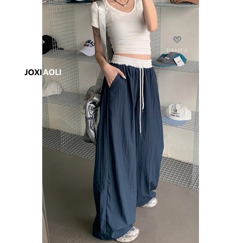松紧腰抽绳显瘦阔腿裤女夏季新款百搭宽松休闲裤垂感拖地长裤子潮