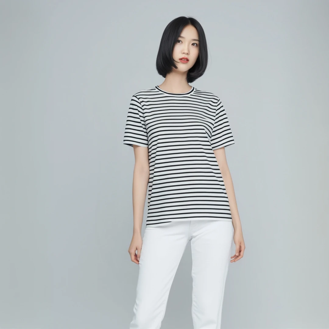 【扬子纱】时尚休闲简约百搭条纹春夏圆领针织短袖