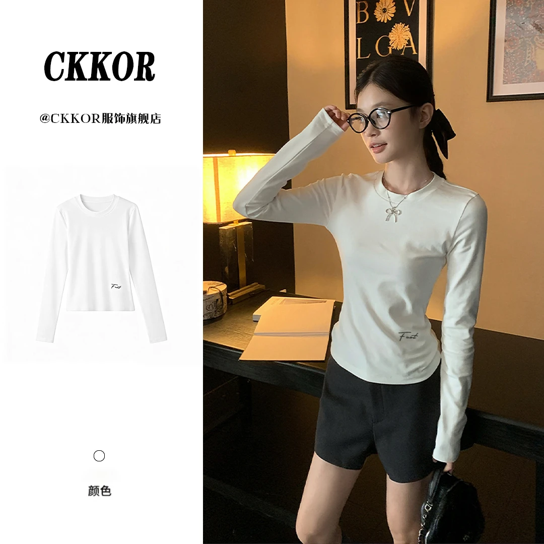 CKKOR早秋新款刺绣修身显瘦上衣韩系纯欲风圆领长袖打底衫卫衣女