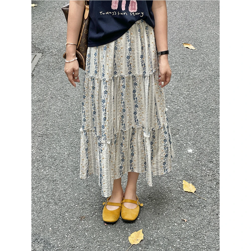 WenWen小个子韩版木耳边小衫牛仔上衣+高腰A字花朵半身裙3725