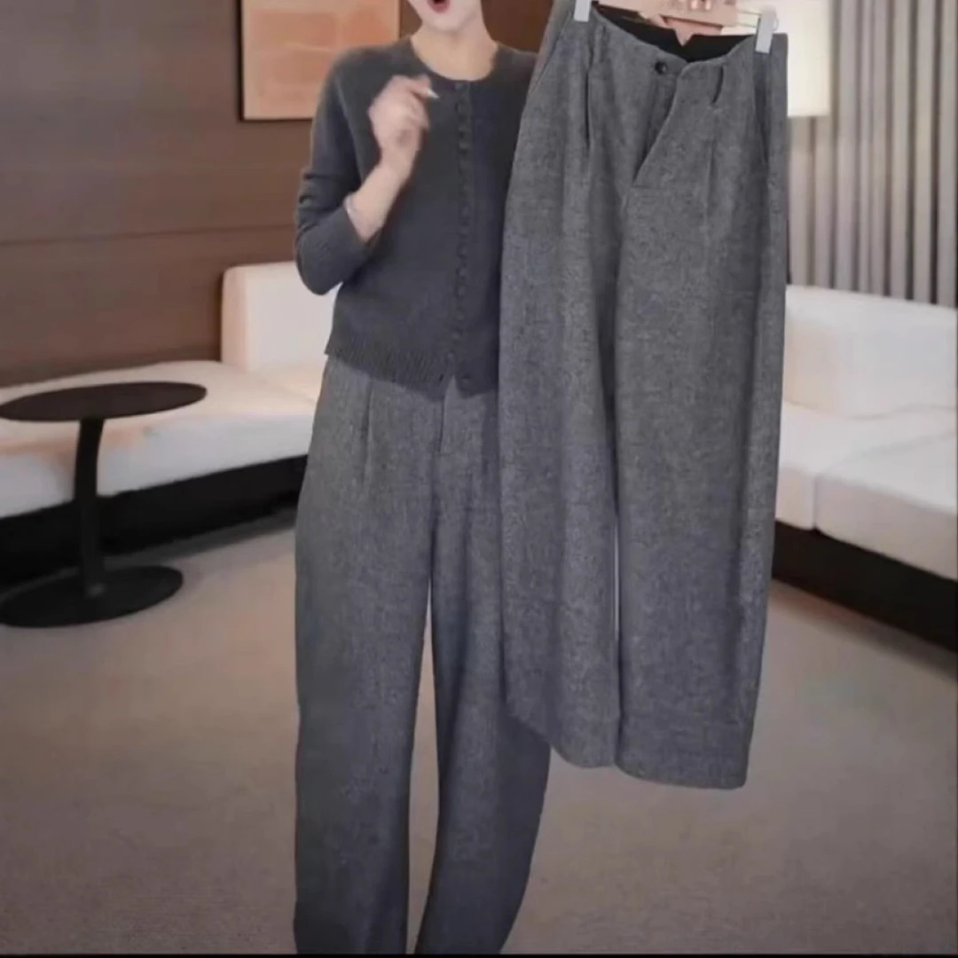 新款简约时尚长袖单排扣上衣套装宽松阔腿裤女装