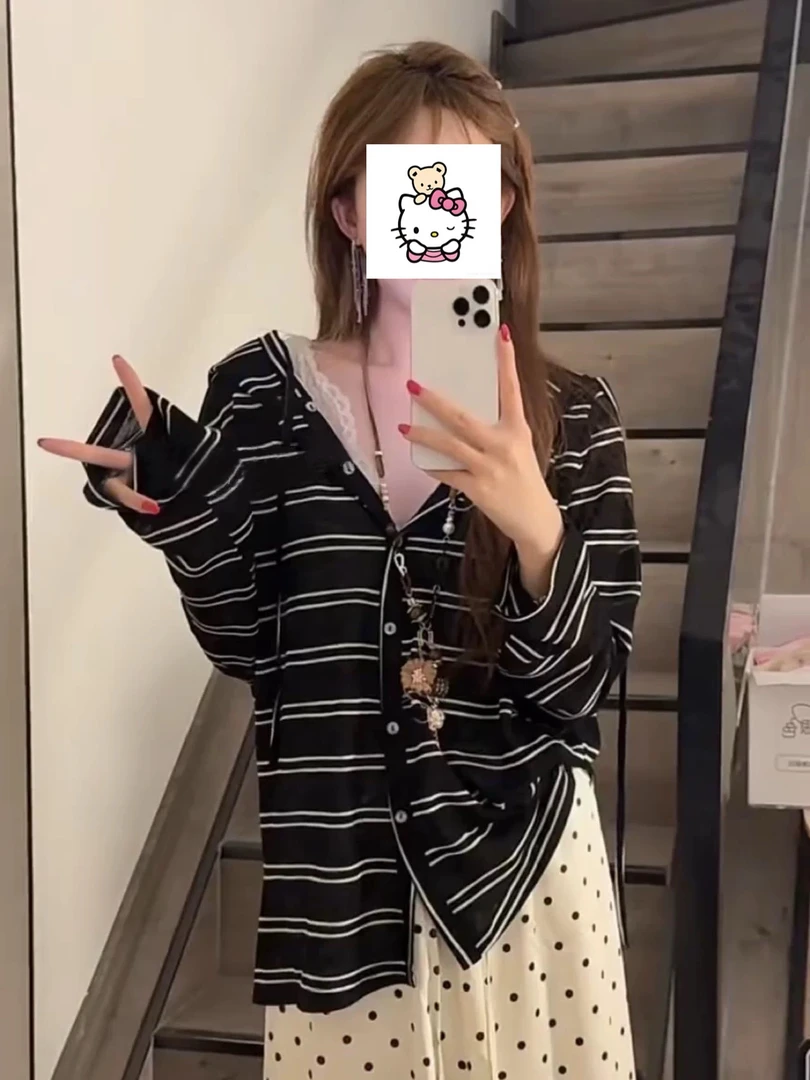 大码胖mm时尚条纹连帽防晒开衫T恤女秋装慵懒宽松休闲防晒衫上衣