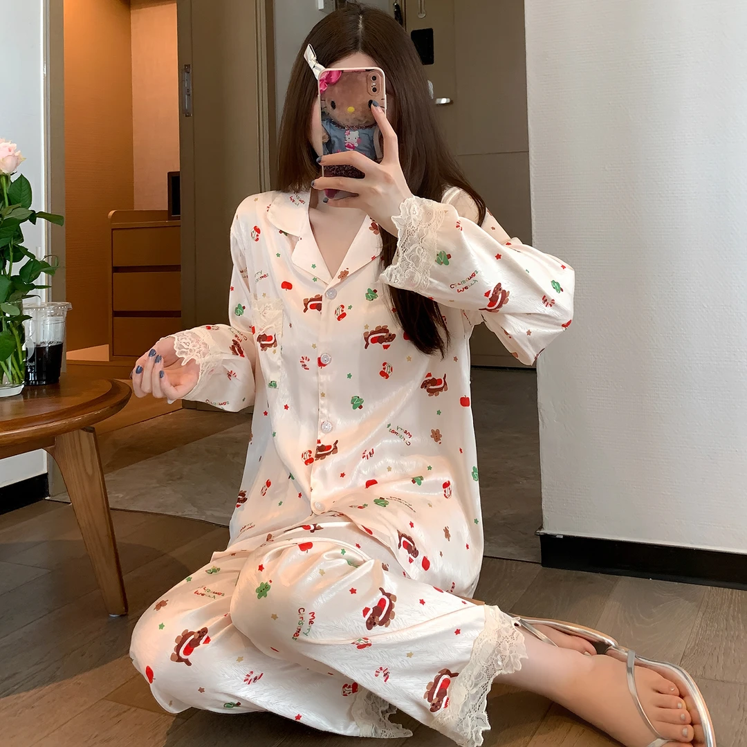 早秋甜美高级感缎面冰丝睡衣女2025新款腊肠狗印花家居服春秋季女