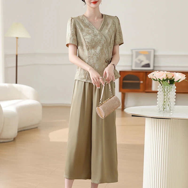 休闲中老年女装夏装阔腿裤V领女装森系75%九分裤长裤收腰夏季