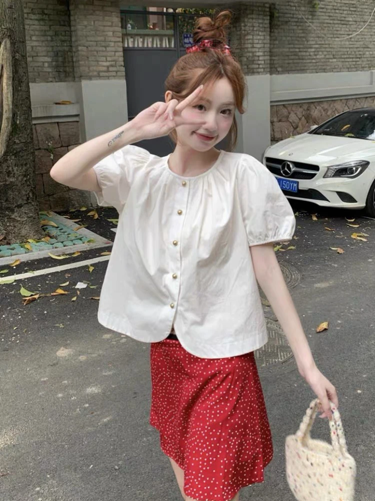 韩版甜美泡泡袖衬衫圆领简约百搭短款宽松夏季上衣