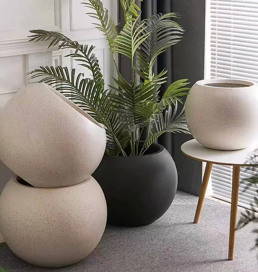 北欧简约圆球型镁泥落地大花盆客厅商场软装花器