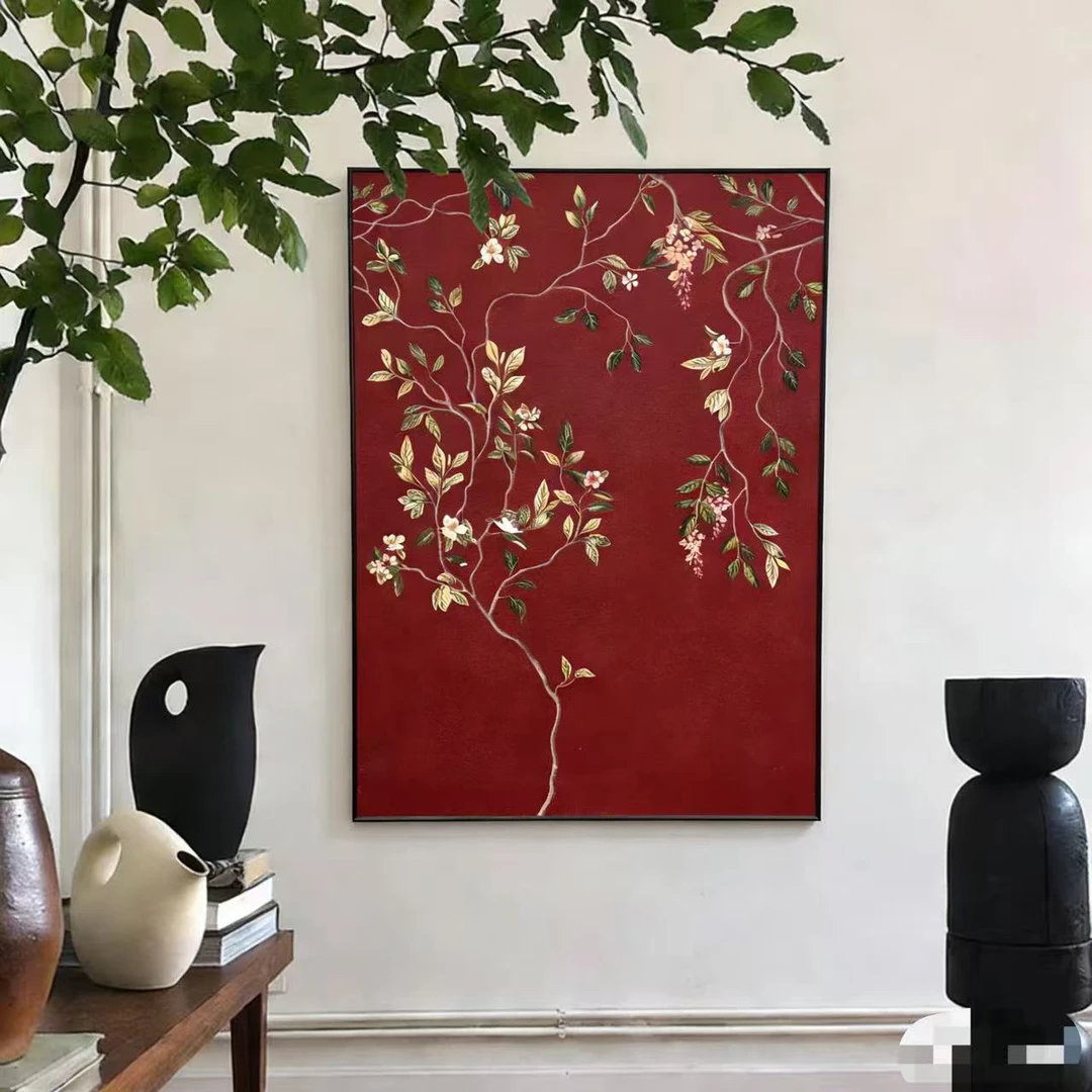 复古红底花卉中古风客厅装饰画法式复古沙发背景墙面挂画80120
