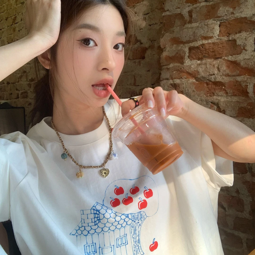 林小野 苹果树T恤2025春夏纯棉宽松休闲上衣