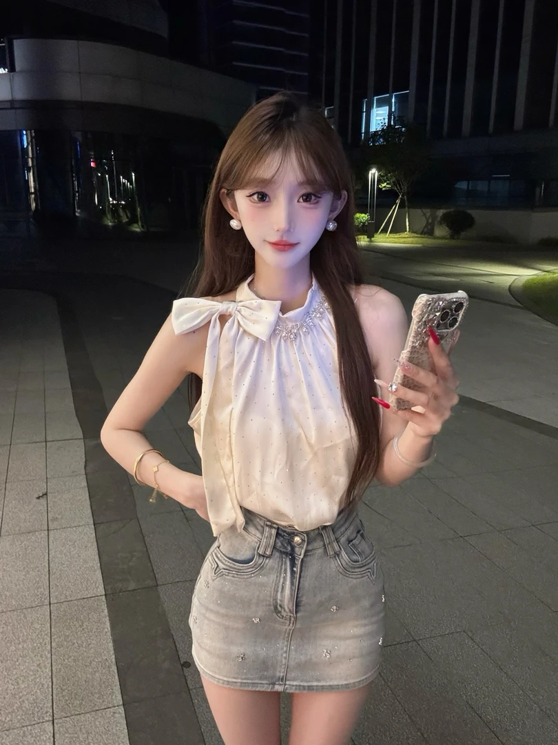 千金风烫钻挂脖衬衫蝴蝶结飘带上衣