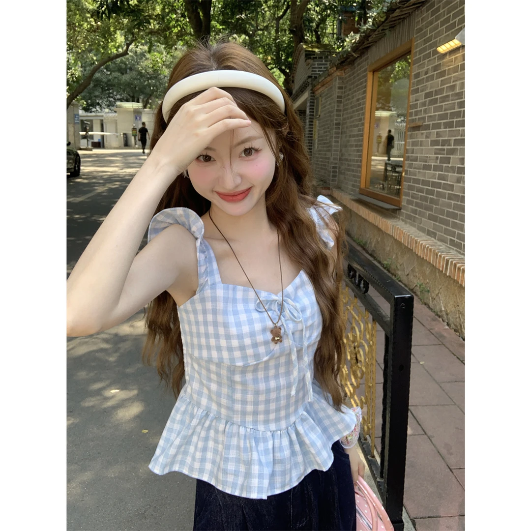 《现货现发》蓝色格子小飞袖衬衫女2025新款独特漂亮吊带气质绝美衣